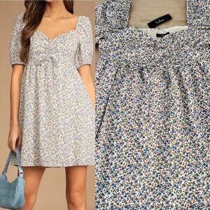 NWT Lulus Sweet for Spring Ivory Floral Print Puff Sleeve Babydoll Mini Dress XL